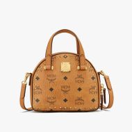 MCM Mini Essential Half Moon Tote In Studded Visetos Brown