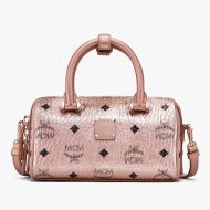 MCM Mini Essential Boston Bag In Visetos Rose Gold