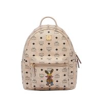 MCM Small Stark Rabbit Backpack In Visetos Beige