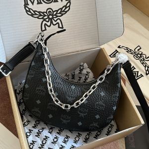 MCM Small Aren Crescent Hobo In Visetos Black