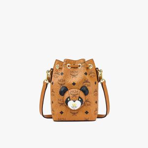 MCM X-Mini Zoo Panda Bucket Bag In Visetos Brown