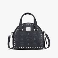 MCM Mini Essential Half Moon Tote In Studded Visetos Black