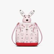 MCM Zoo Rabbit Drawstring Bag In Mix Visetos Light Pink/White