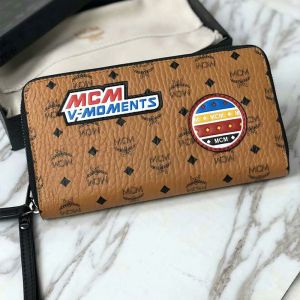 MCM Large Zip Around Wallet with Wrist In Victory Patch Visetos Brown