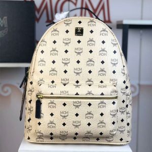 MCM Medium Stark Backpack with Studded Zipper In Visetos Beige