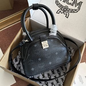 MCM Small Anna Top Handle Bag In Visetos Black